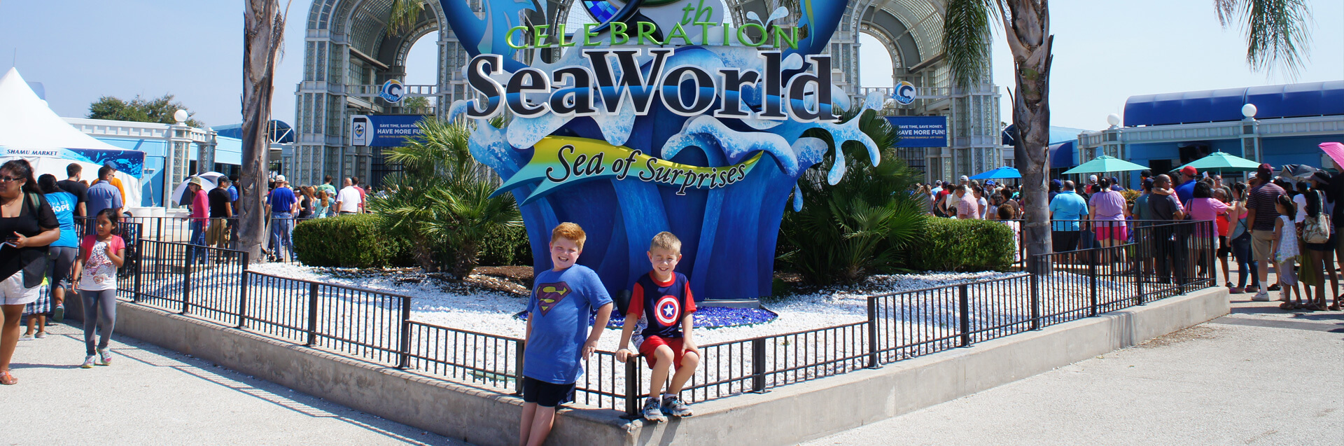 Kids in front of Sea World in San Antonio, Texas