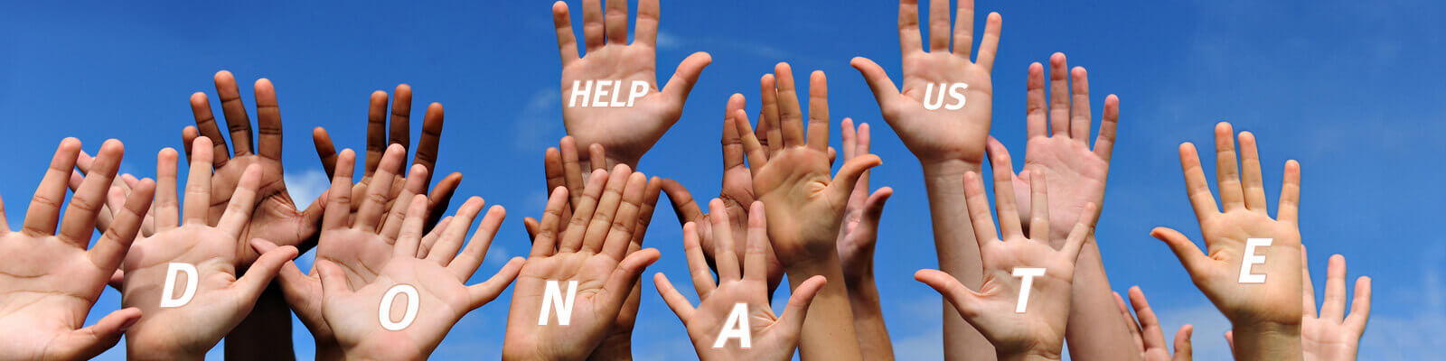 Hands held palm forward towards the sky with blue sky background with the words Help Us Donate on the palms.